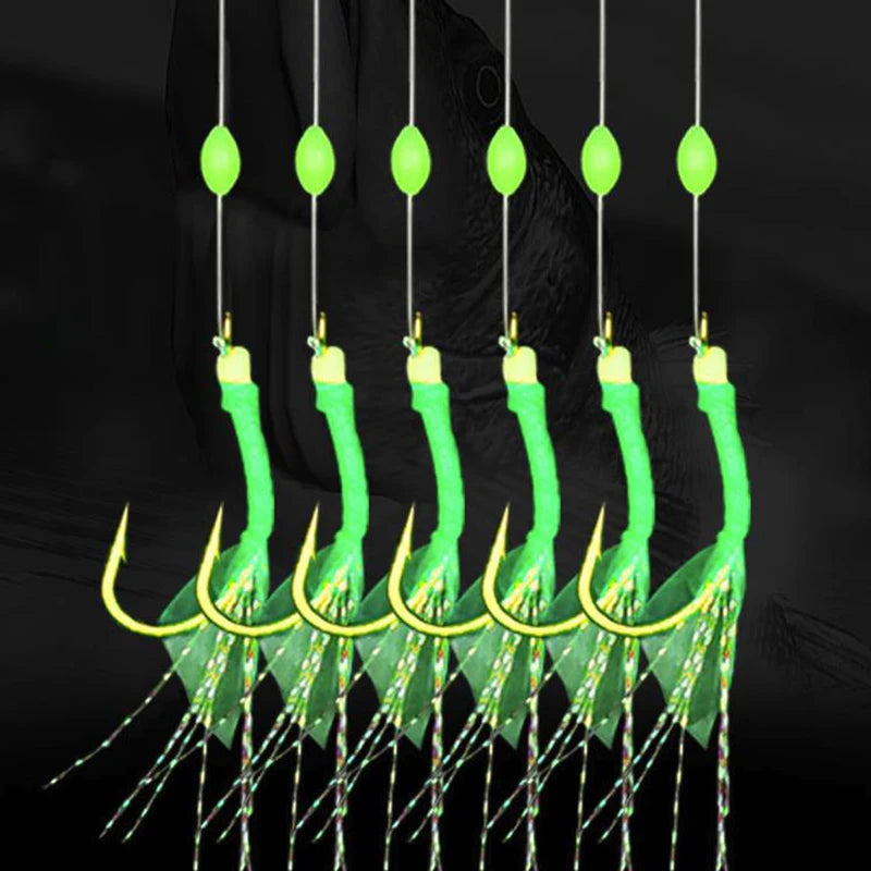 6pcs/bag Rigs Saltwater Artificial Fishing Lures Green Leather Rubber Hook Sea Bait Mackerel Pesca Tackle String Hooks Lures