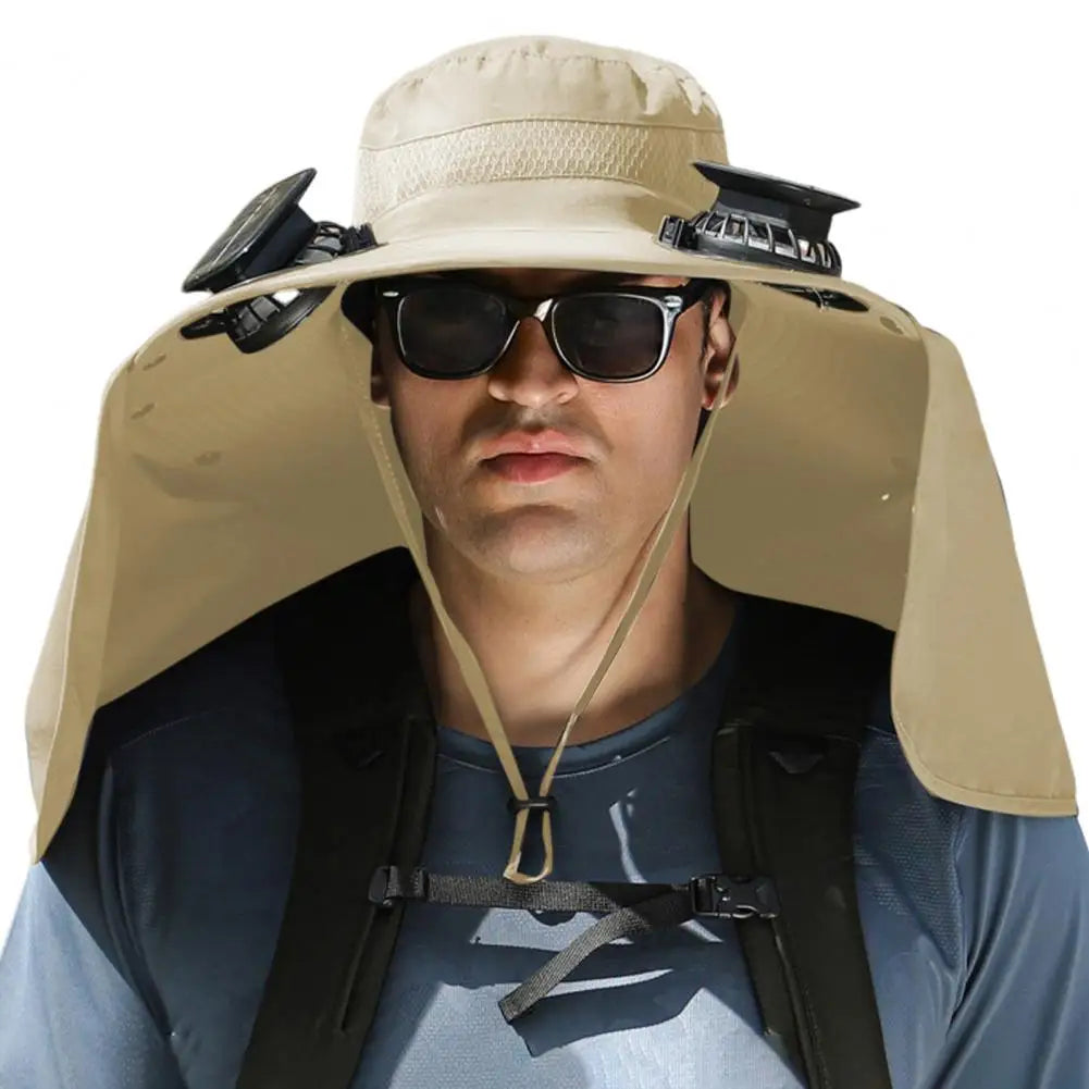 Solar Fan Hat With Neck Flap USB Rechargeable UV Dual Cooling Fan Fishing Hat Foldable Men Women Hiking Sun Hat