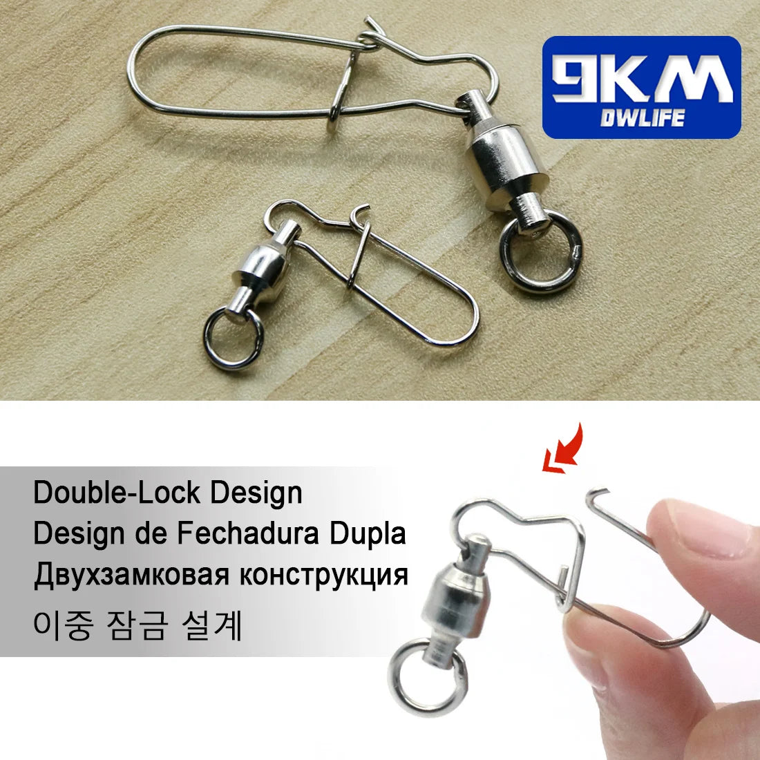 9KM 10Pcs Fishing Ball Bearing Swivels Duolock Snap Stainless Steel Fishing Connector Swivels with Crane Barrel Lure Fish Tackle