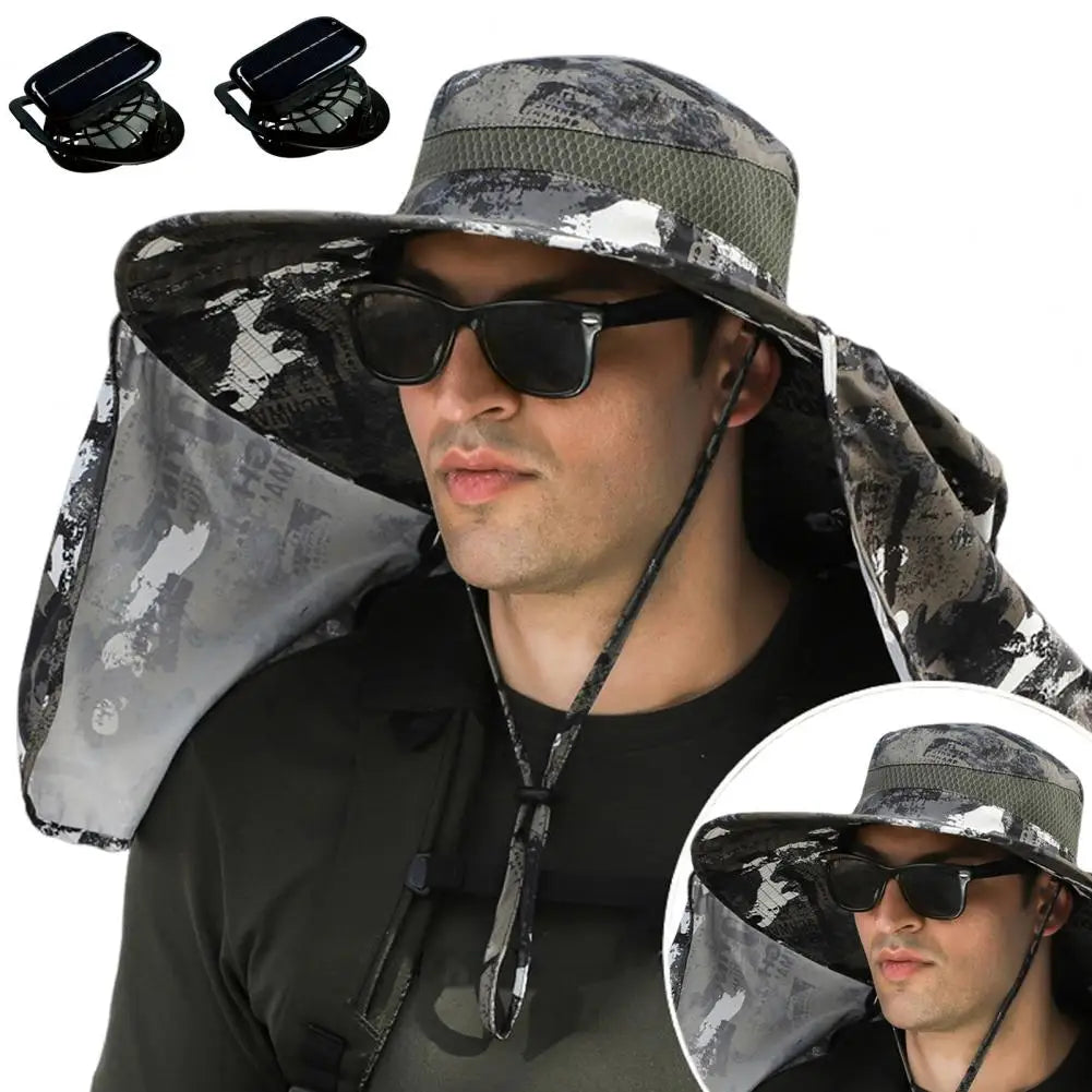 Solar Fan Hat With Neck Flap USB Rechargeable UV Dual Cooling Fan Fishing Hat Foldable Men Women Hiking Sun Hat