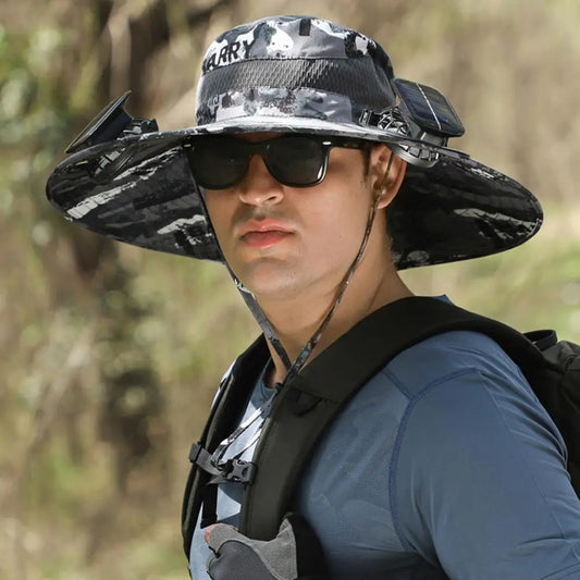 Men Fisherman Hat With 2 Solar Fan Windproof Strap USB Charging Anti UV Large Brim Fan Sun Hat Sunlight Fan Cap