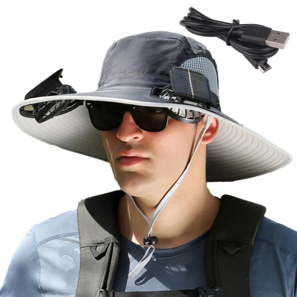 1 Set Outdoor Sun Hat With 2 Fan Large Brim Windproof Strap Solar Or USB Charging Anti UV Sun Outdoor Fishing Cap