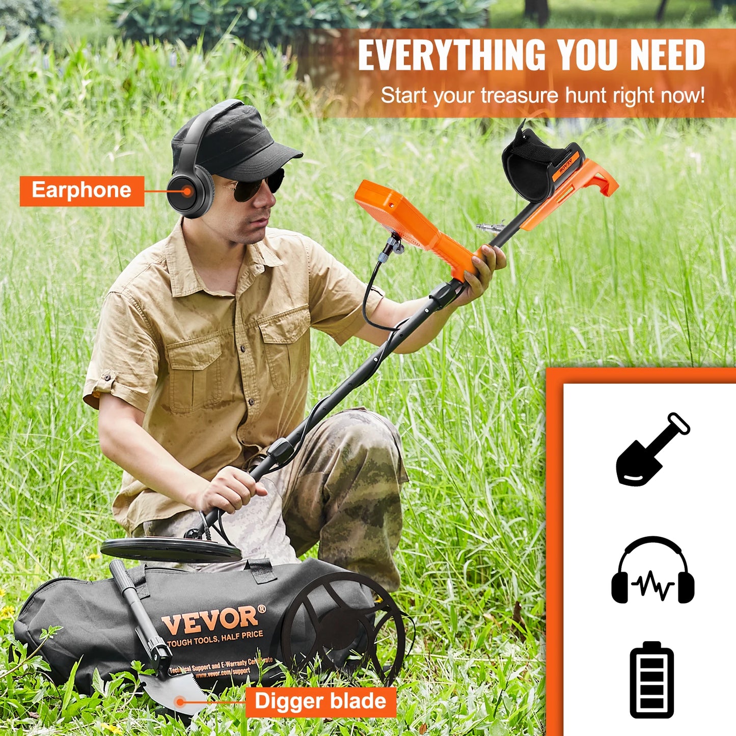 VEVOR Professional Rechargeable Metal Detector 12" IP68 Waterproof Coil 39-50 in Adjustable with LCD 7Modes for Treasure Hunting