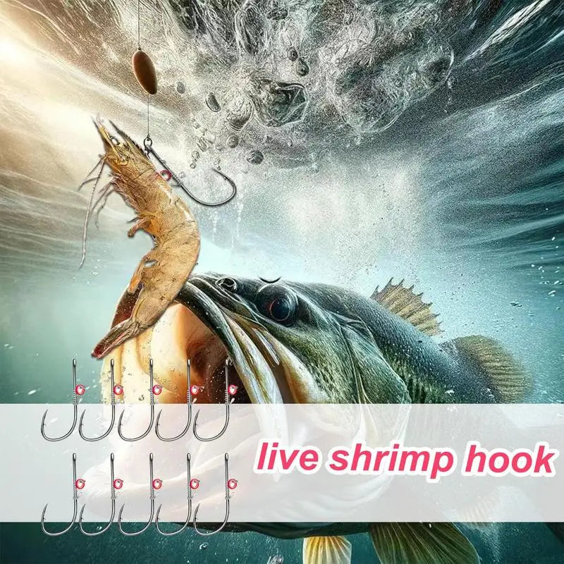 10Pcs/Set Live Shrimp Bait Hooks Carbon Steel Barbed Fishhook with Hole Catfish Bass Fishing Hook Fishing Tackle For Soft Lures