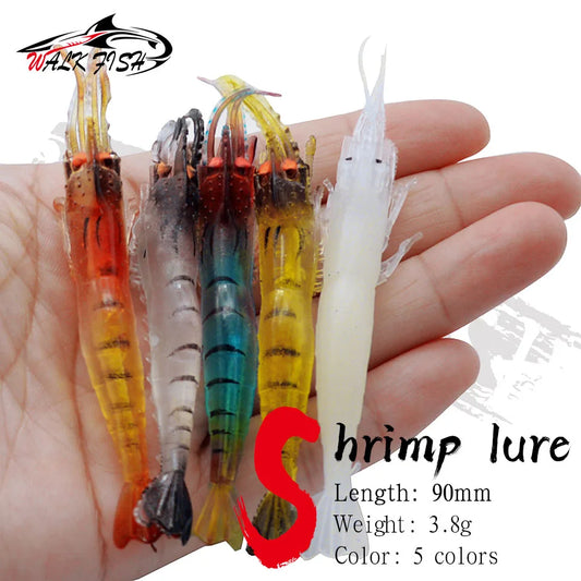 WALK FISH 5PCS Fishing Lure Simulation Grass Shrimp Soft Bait Luminous Eye 9cm 3.8g Artificial Lures With Hook Groove