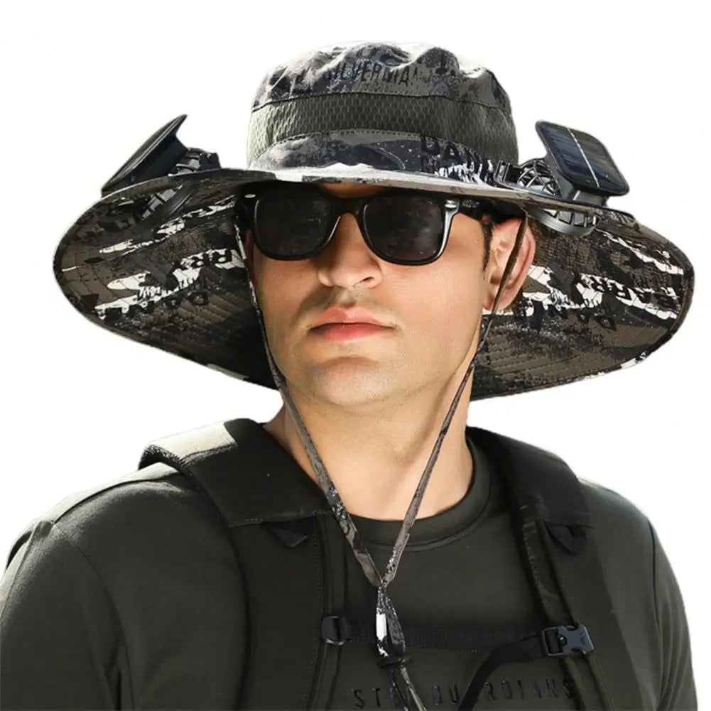 Men Fisherman Hat With 2 Solar Fan Windproof Strap USB Charging Anti UV Large Brim Fan Sun Hat Sunlight Fan Cap