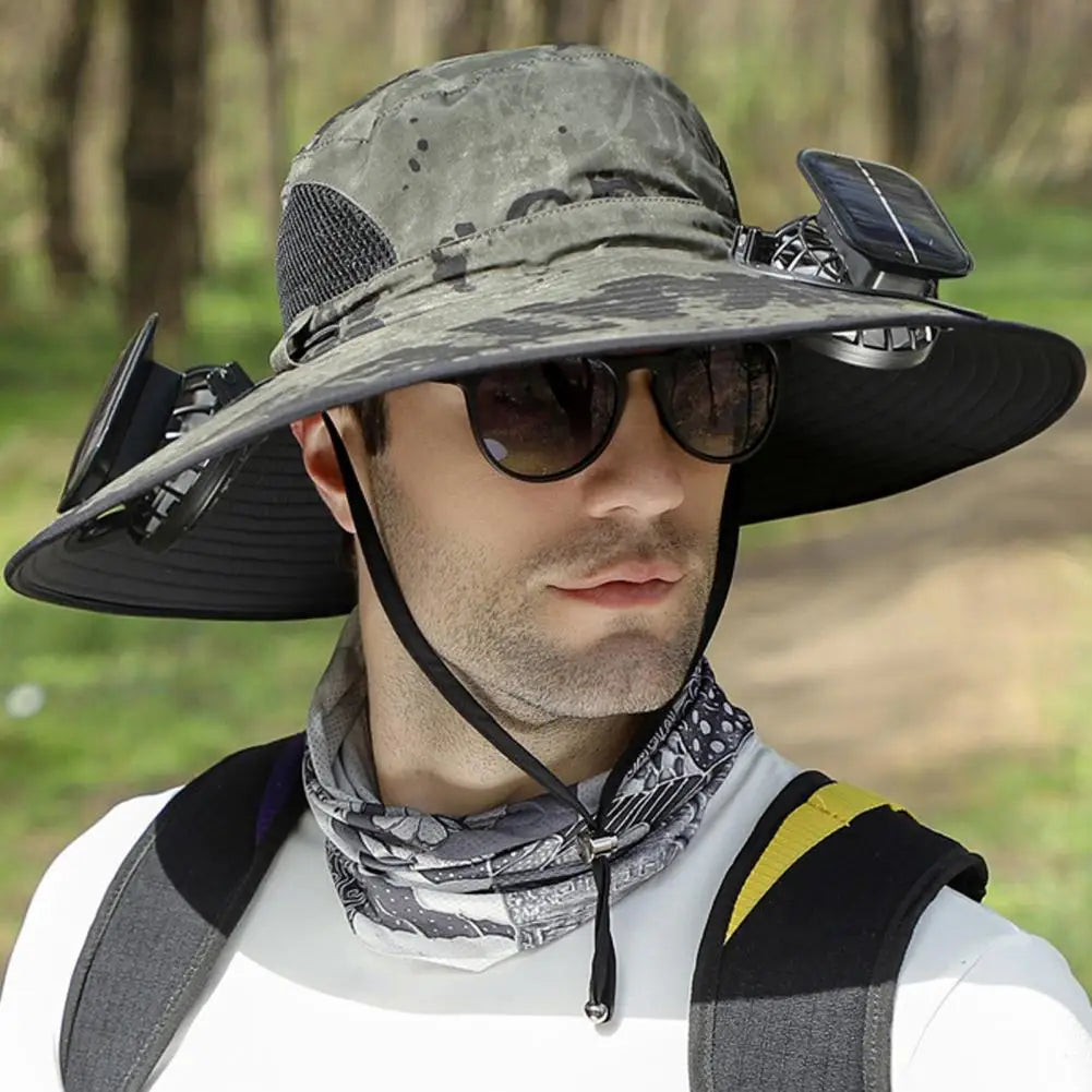 1 Set Outdoor Sun Hat With 2 Fan Large Brim Windproof Strap Solar Or USB Charging Anti UV Sun Outdoor Fishing Cap