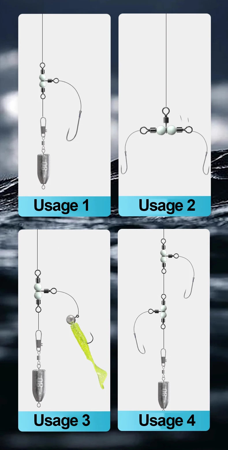 FishTrip Cross Line Swivel with Glow Beads Heavy-Duty Rolling T Swivel 3-way Rig Swivel Preventing Twists and Tangles