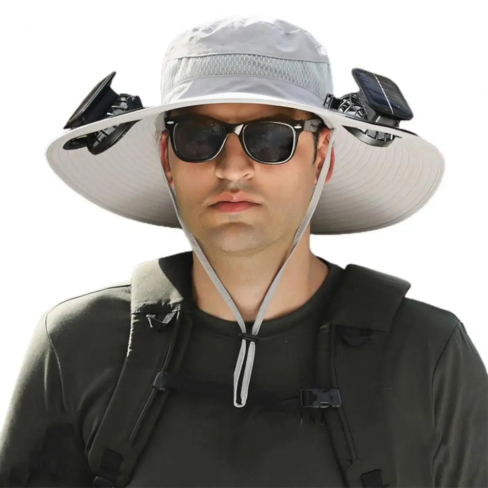 Men Fisherman Hat With 2 Solar Fan Windproof Strap USB Charging Anti UV Large Brim Fan Sun Hat Sunlight Fan Cap