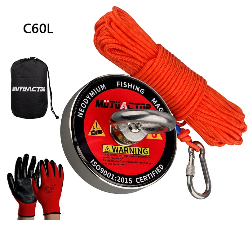 120KG/220KG /300KG/450KG Salvage Magnet Large Neodymium N52 Magnets Magnet Strong Fishing Magnet with Rope Gloves Bag