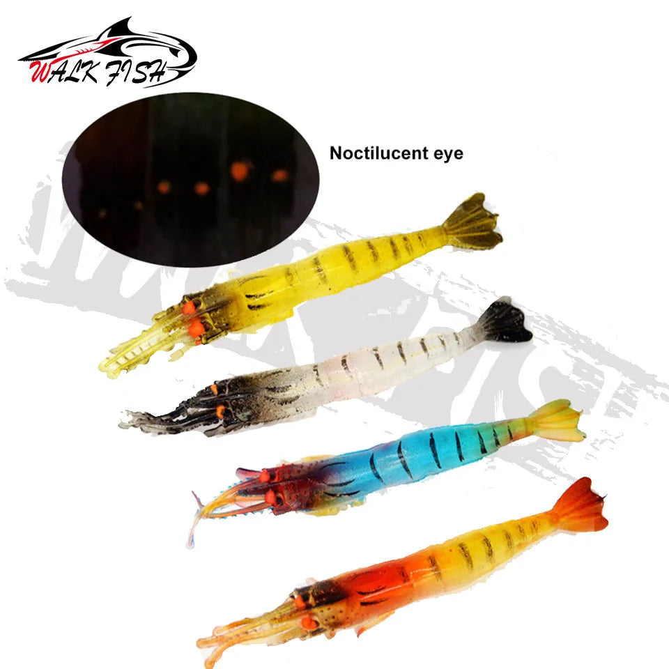 WALK FISH 5PCS Fishing Lure Simulation Grass Shrimp Soft Bait Luminous Eye 9cm 3.8g Artificial Lures With Hook Groove