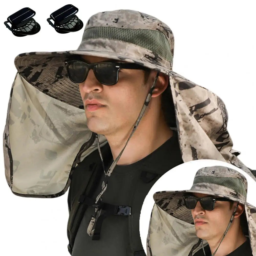 Solar Fan Hat With Neck Flap USB Rechargeable UV Dual Cooling Fan Fishing Hat Foldable Men Women Hiking Sun Hat