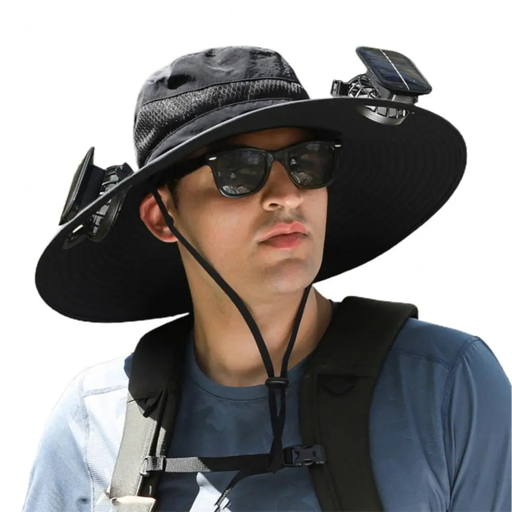 Men Fisherman Hat With 2 Solar Fan Windproof Strap USB Charging Anti UV Large Brim Fan Sun Hat Sunlight Fan Cap