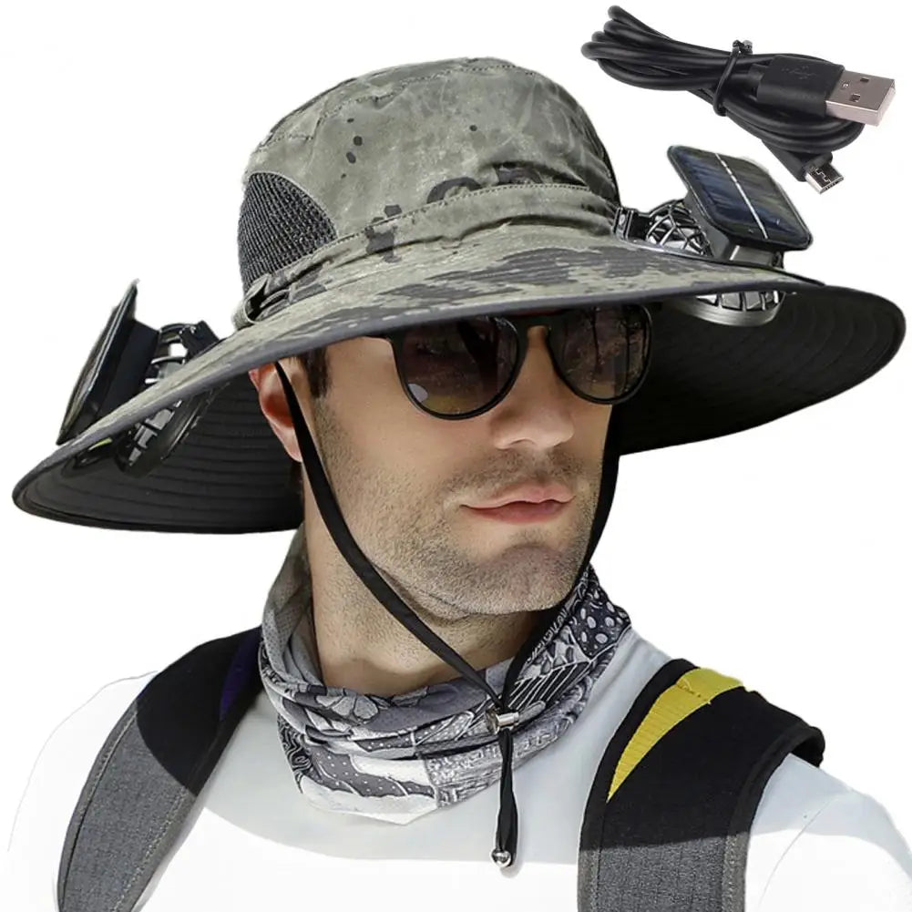 1 Set Outdoor Sun Hat With 2 Fan Large Brim Windproof Strap Solar Or USB Charging Anti UV Sun Outdoor Fishing Cap