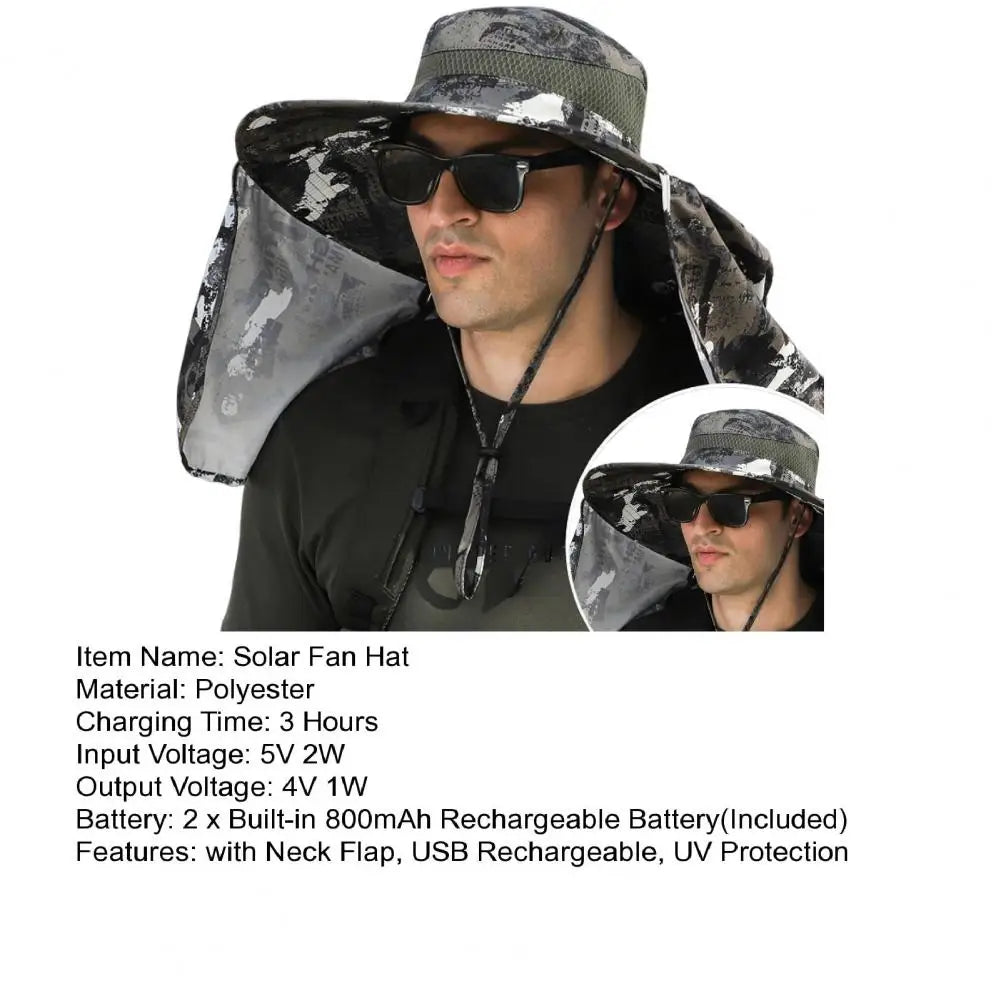 Solar Fan Hat With Neck Flap USB Rechargeable UV Dual Cooling Fan Fishing Hat Foldable Men Women Hiking Sun Hat