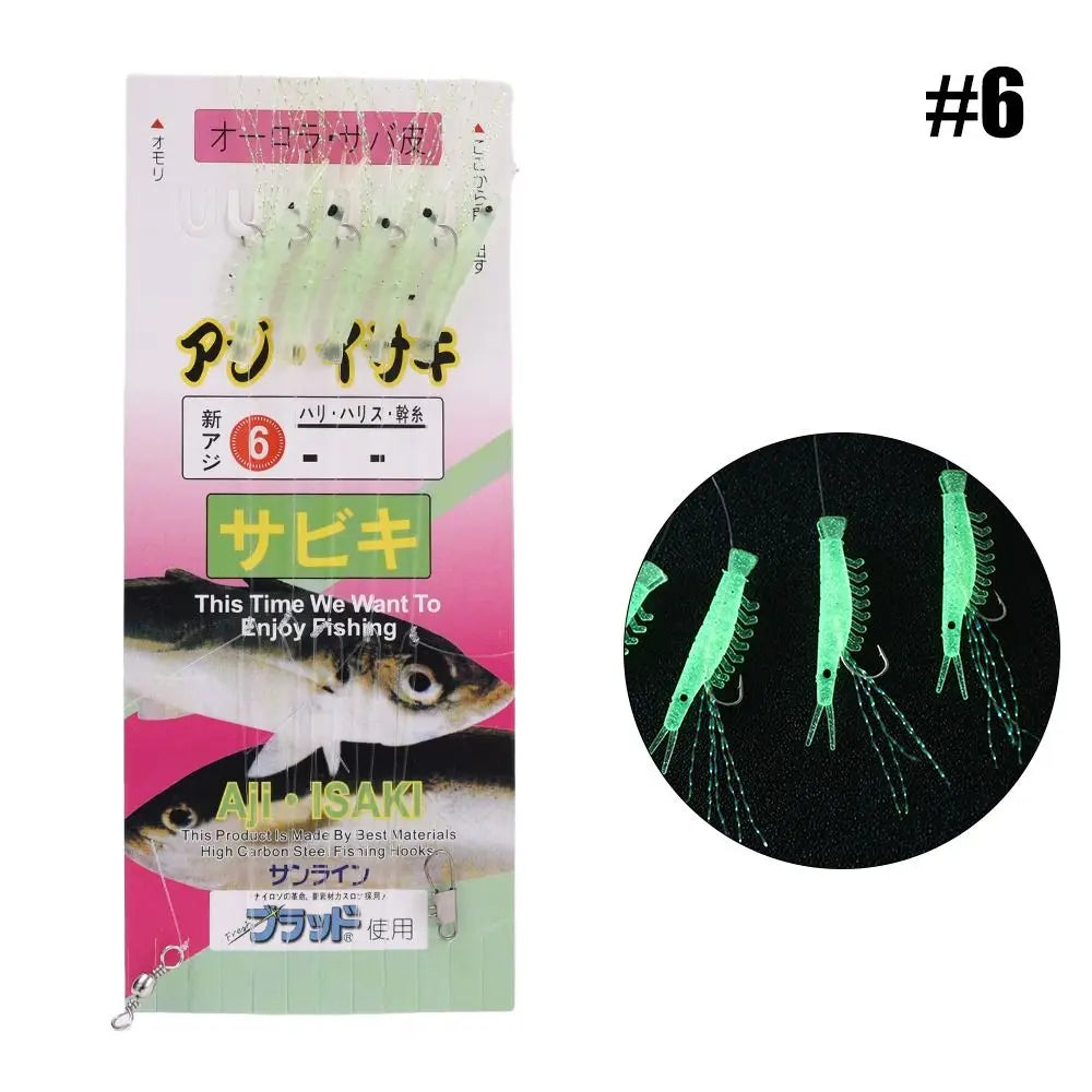 5pcs Luminous Soft Shrimp Fishing Hook Lure Bait Simulated Fish Skin String Hook Mackerel Barbed Hook Bass Cod Lures Sea Fishing