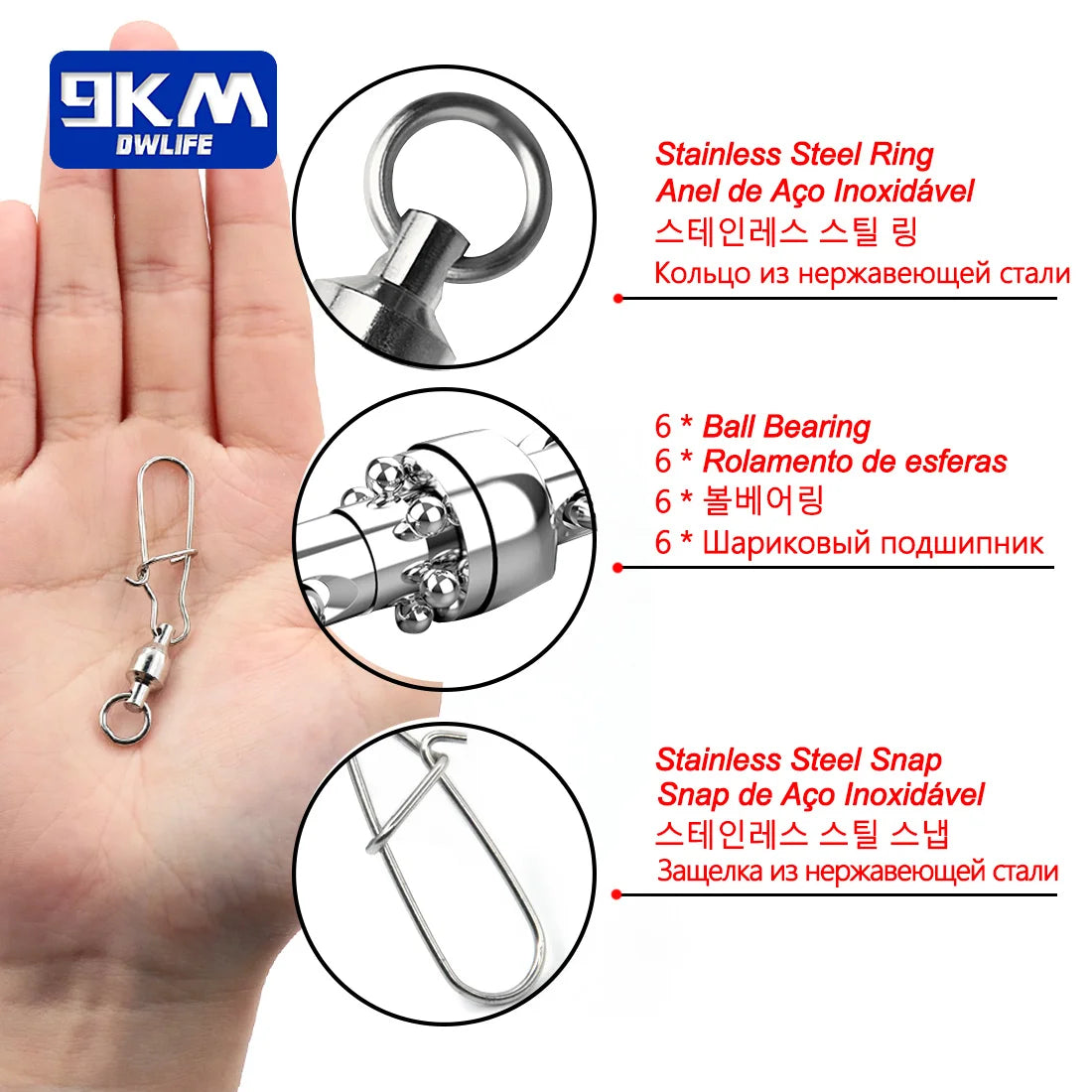 9KM 10Pcs Fishing Ball Bearing Swivels Duolock Snap Stainless Steel Fishing Connector Swivels with Crane Barrel Lure Fish Tackle