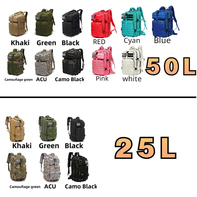 25L/50L  Waterproof Trekking Fishing Hunting Bag Backpack Outdoor Rucksacks Tactical Sports Camping Hiking Sturdy Backpack