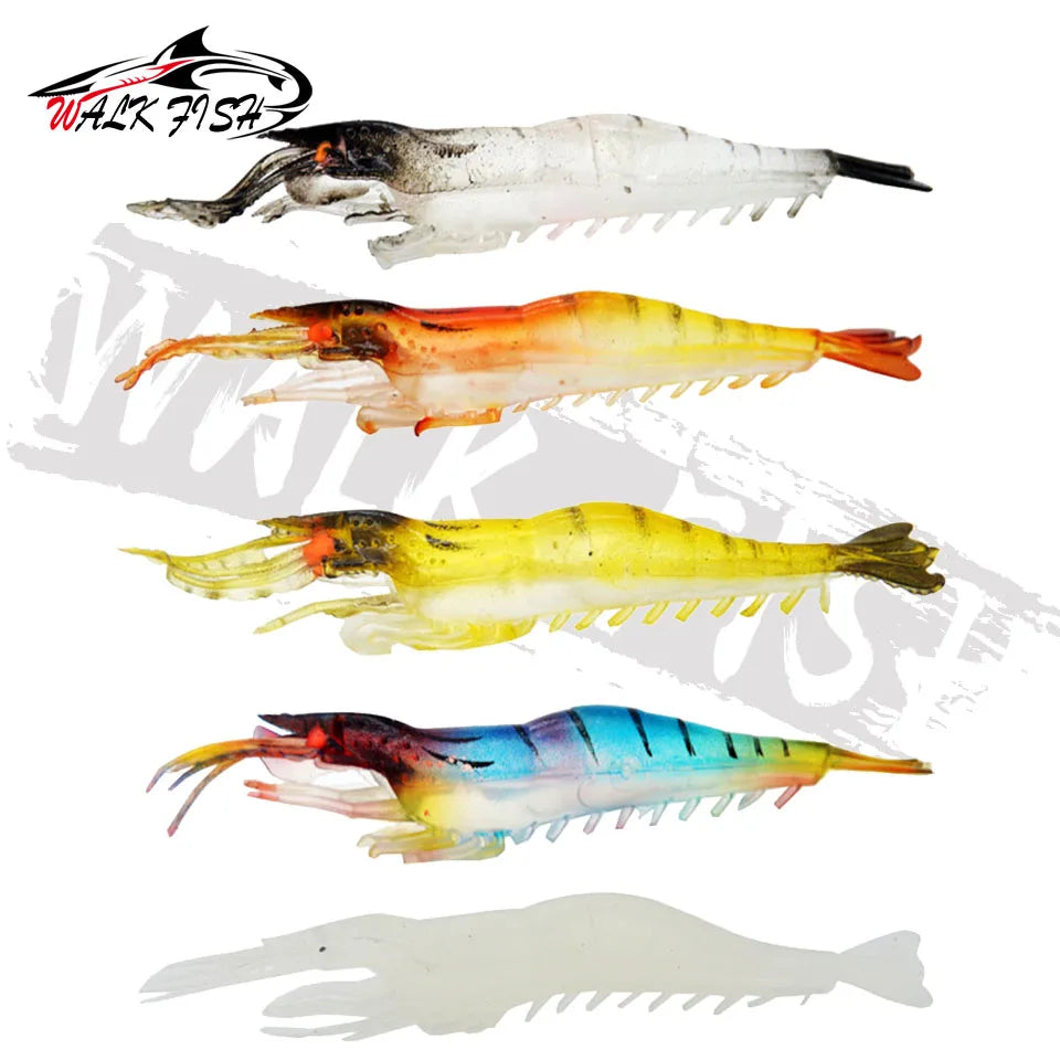 WALK FISH 5PCS Fishing Lure Simulation Grass Shrimp Soft Bait Luminous Eye 9cm 3.8g Artificial Lures With Hook Groove