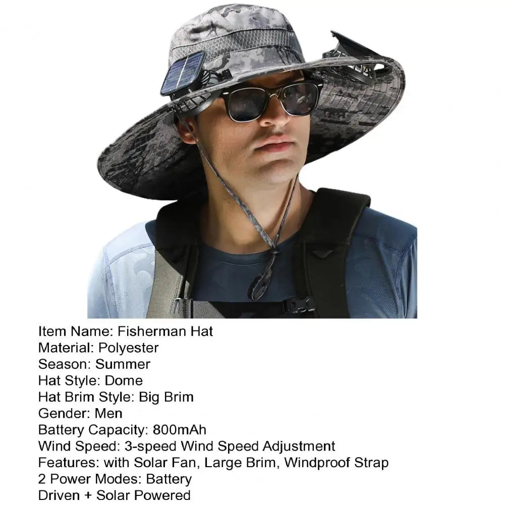 Men Fisherman Hat With 2 Solar Fan Windproof Strap USB Charging Anti UV Large Brim Fan Sun Hat Sunlight Fan Cap