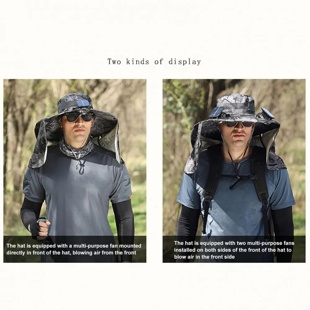 Solar Fan Hat With Neck Flap USB Rechargeable UV Dual Cooling Fan Fishing Hat Foldable Men Women Hiking Sun Hat