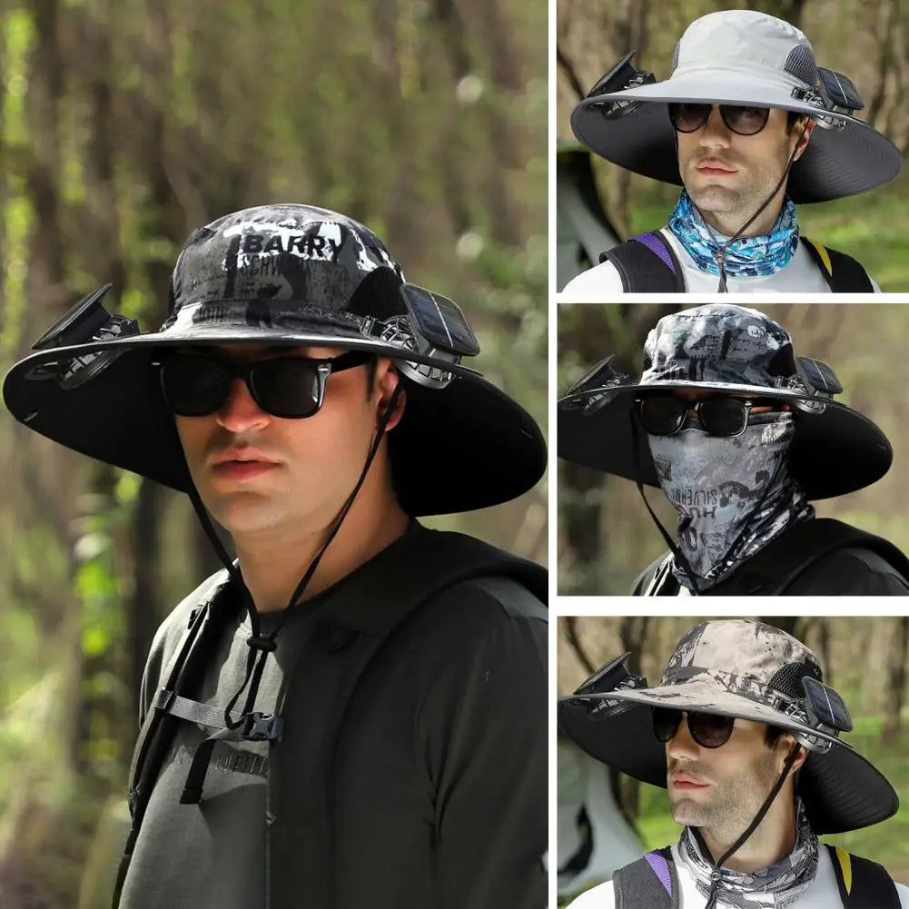 1 Set Outdoor Sun Hat With 2 Fan Large Brim Windproof Strap Solar Or USB Charging Anti UV Sun Outdoor Fishing Cap