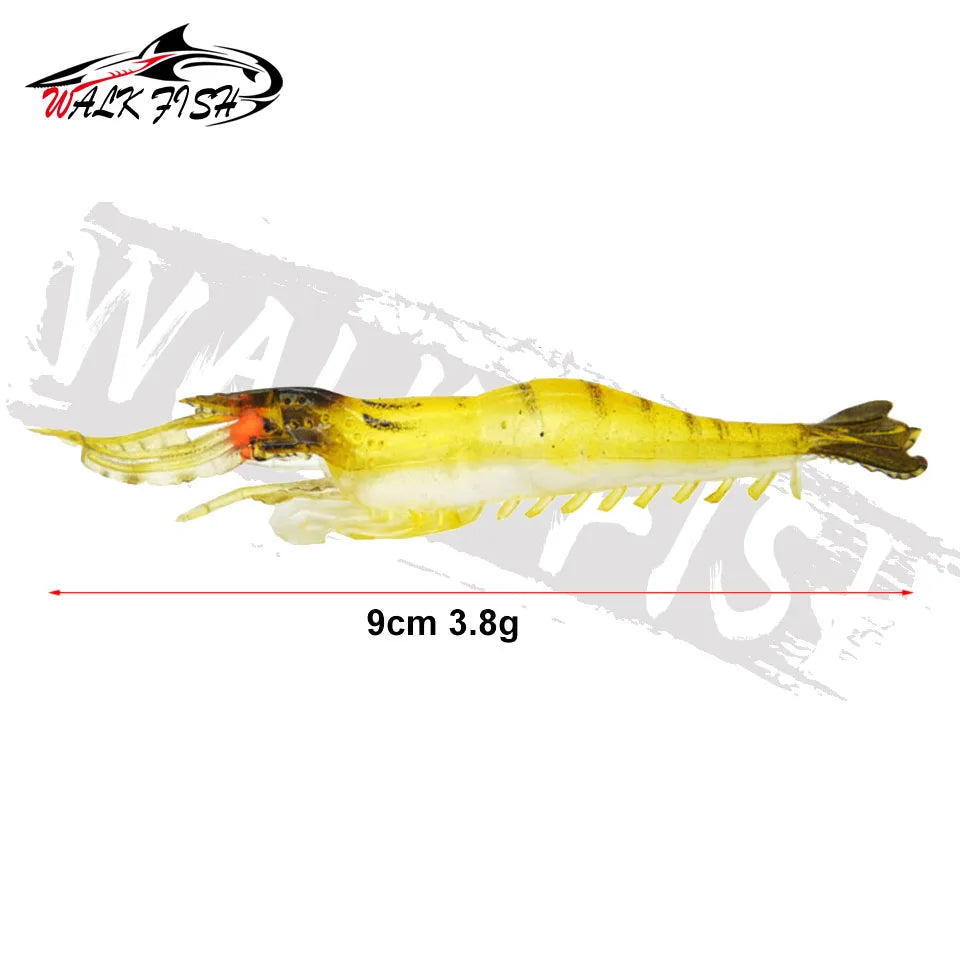 WALK FISH 5PCS Fishing Lure Simulation Grass Shrimp Soft Bait Luminous Eye 9cm 3.8g Artificial Lures With Hook Groove