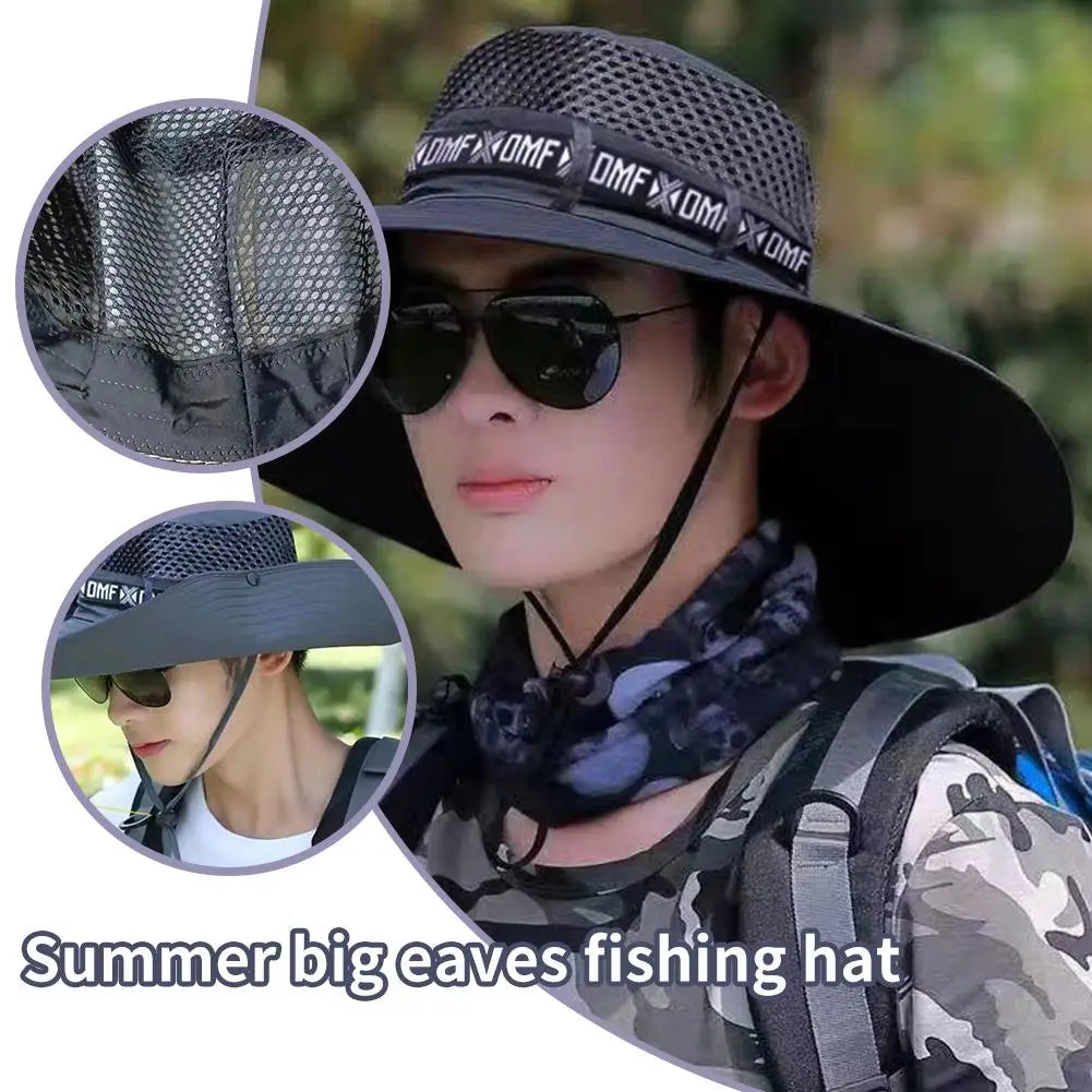 New Summer 15CM Large Brim Sun Hat Men Breathable Fishing Caps Sun UV Protection Mesh Fisherman Hat Hiking Outdoor Beach Cap