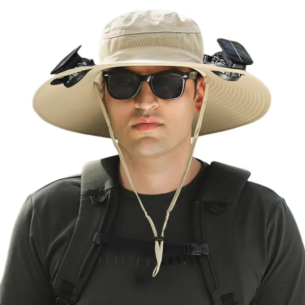 Men Fisherman Hat With 2 Solar Fan Windproof Strap USB Charging Anti UV Large Brim Fan Sun Hat Sunlight Fan Cap