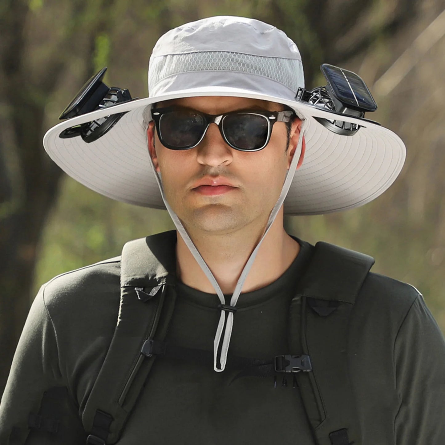 Men Fisherman Hat With 2 Solar Fan Windproof Strap USB Charging Anti UV Large Brim Fan Sun Hat Sunlight Fan Cap