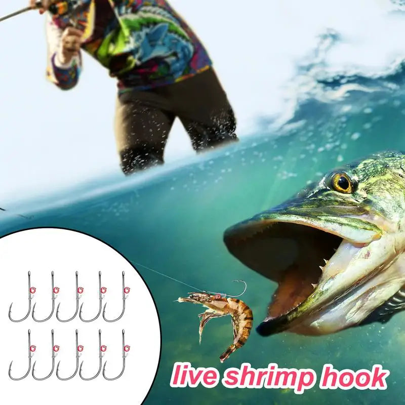 10Pcs/Set Live Shrimp Bait Hooks Carbon Steel Barbed Fishhook with Hole Catfish Bass Fishing Hook Fishing Tackle For Soft Lures