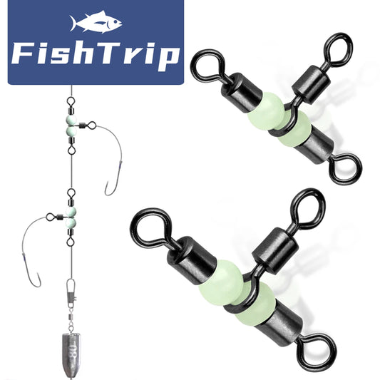 FishTrip Cross Line Swivel with Glow Beads Heavy-Duty Rolling T Swivel 3-way Rig Swivel Preventing Twists and Tangles