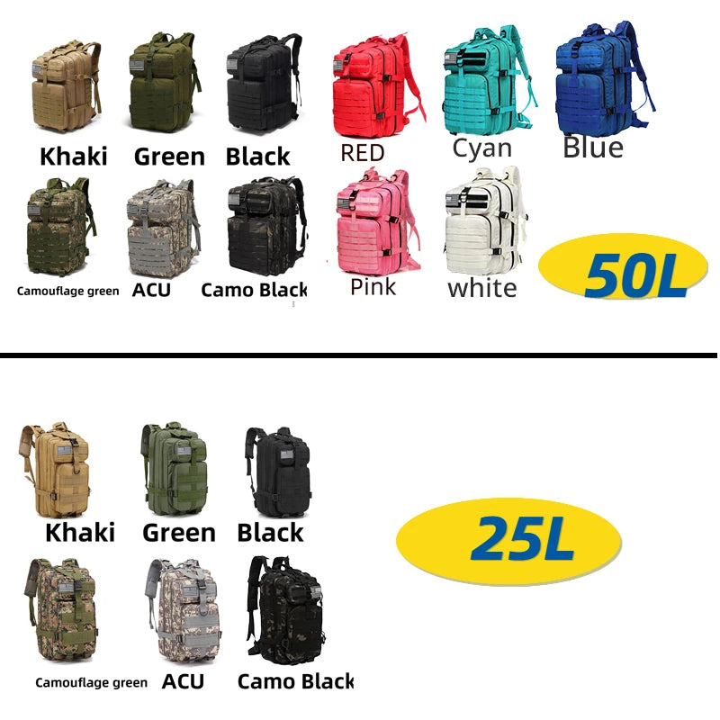 25L/50L  Waterproof Trekking Fishing Hunting Bag Backpack Outdoor Rucksacks Tactical Sports Camping Hiking Sturdy Backpack