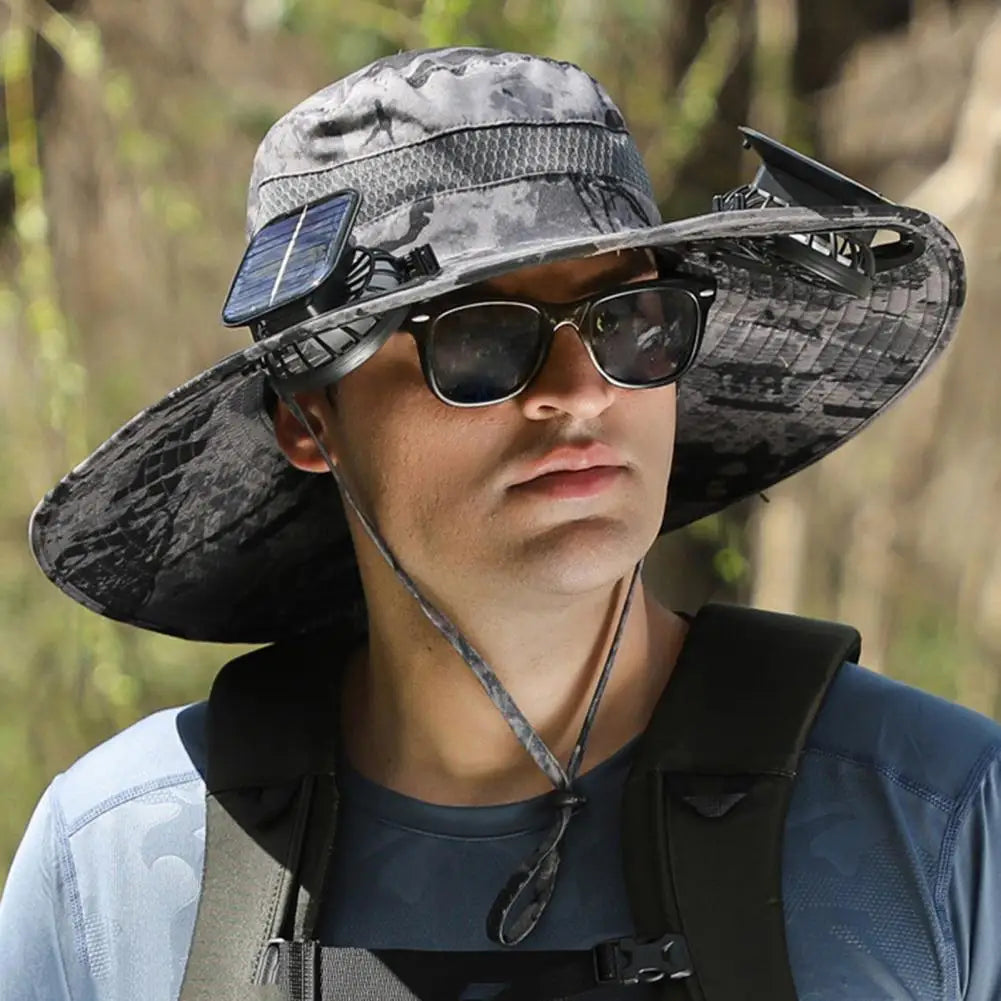 Men Fisherman Hat With 2 Solar Fan Windproof Strap USB Charging Anti UV Large Brim Fan Sun Hat Sunlight Fan Cap