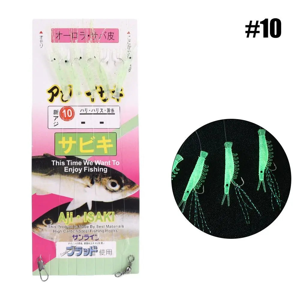 5pcs Luminous Soft Shrimp Fishing Hook Lure Bait Simulated Fish Skin String Hook Mackerel Barbed Hook Bass Cod Lures Sea Fishing