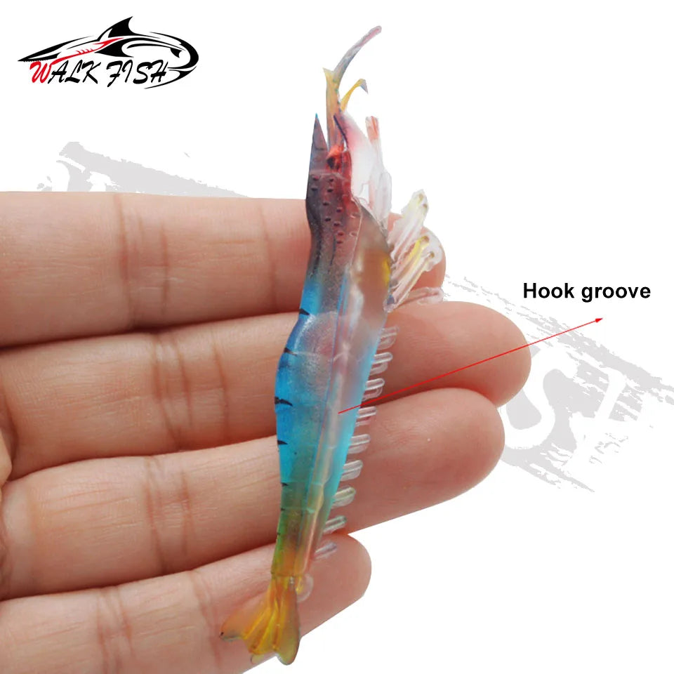 WALK FISH 5PCS Fishing Lure Simulation Grass Shrimp Soft Bait Luminous Eye 9cm 3.8g Artificial Lures With Hook Groove