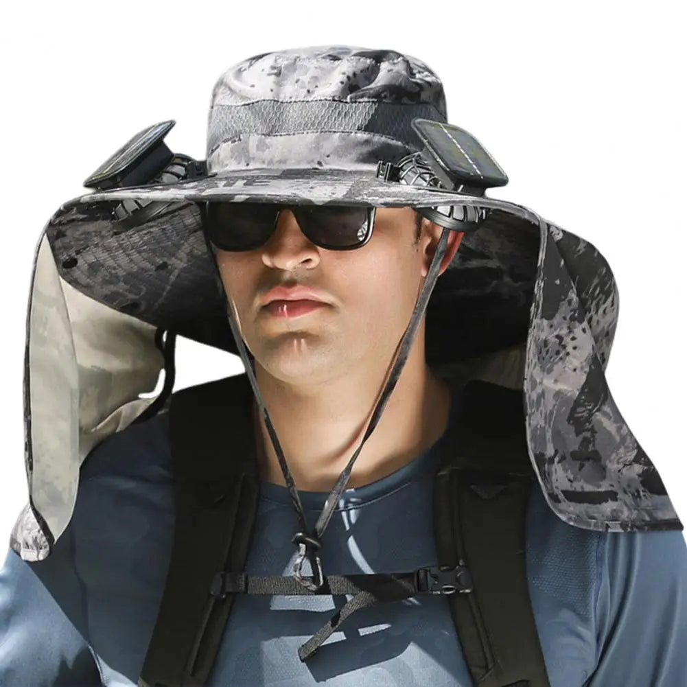 Solar Fan Hat With Neck Flap USB Rechargeable UV Dual Cooling Fan Fishing Hat Foldable Men Women Hiking Sun Hat