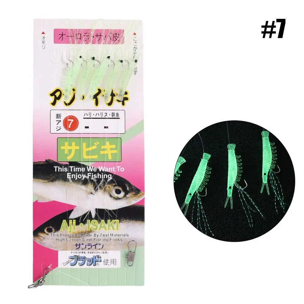 5pcs Luminous Soft Shrimp Fishing Hook Lure Bait Simulated Fish Skin String Hook Mackerel Barbed Hook Bass Cod Lures Sea Fishing