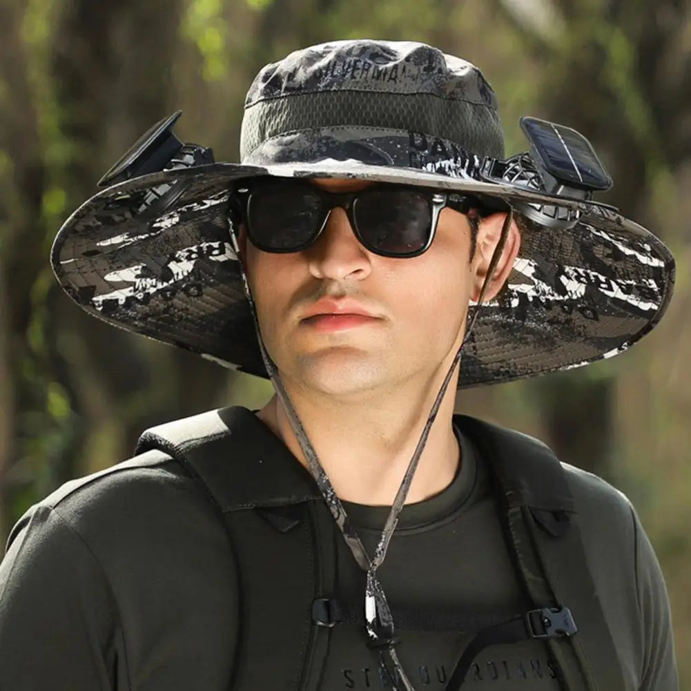 Men Fisherman Hat With 2 Solar Fan Windproof Strap USB Charging Anti UV Large Brim Fan Sun Hat Sunlight Fan Cap