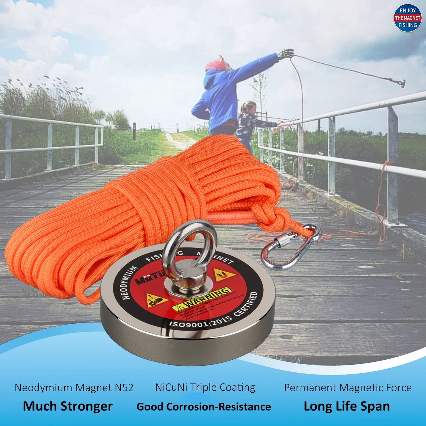 600KG Heavy Duty Neodymium Fishing Magnet N52 15M  Durable Rope Retriving Magnetic Ring Treasure Hunt