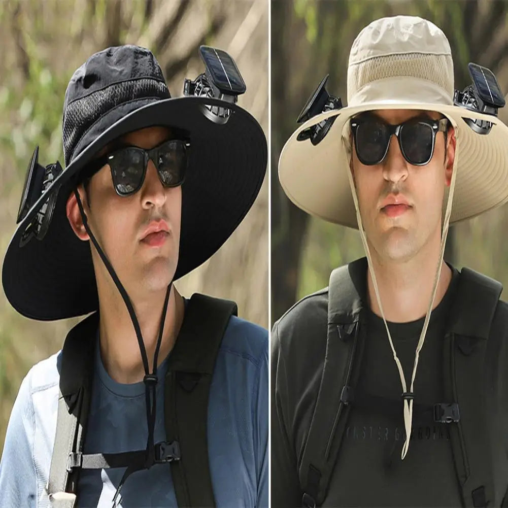 Men Fisherman Hat With 2 Solar Fan Windproof Strap USB Charging Anti UV Large Brim Fan Sun Hat Sunlight Fan Cap