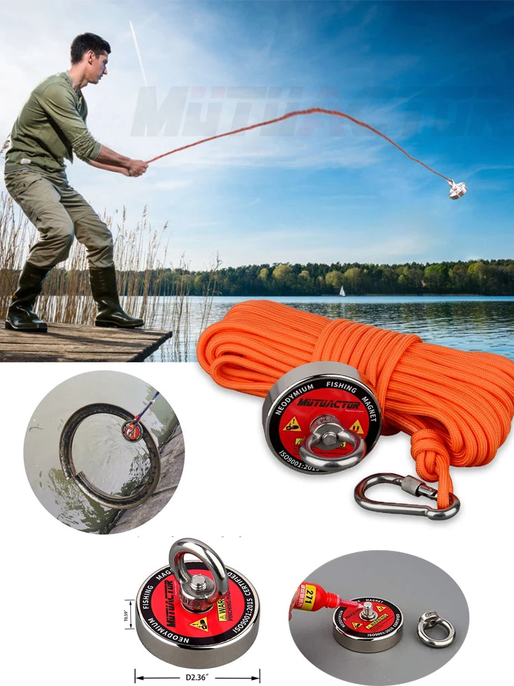 120KG/220KGVertical Srong Neodymium Lifting Magnet Set 20M  Rope Permanant Pot Magnet D60mm Outdoor Funny Tools Fishing