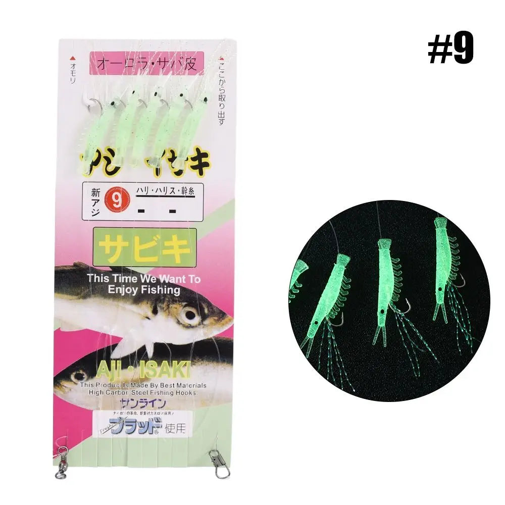 5pcs Luminous Soft Shrimp Fishing Hook Lure Bait Simulated Fish Skin String Hook Mackerel Barbed Hook Bass Cod Lures Sea Fishing