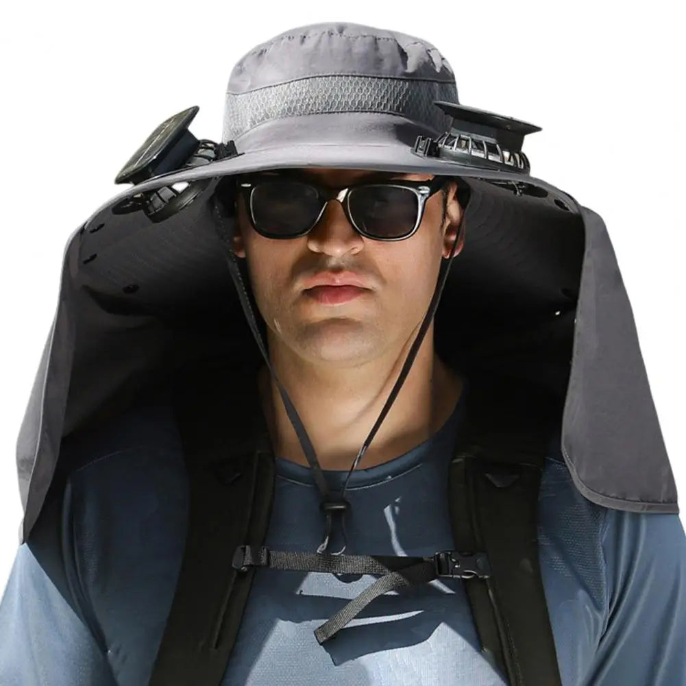 Solar Fan Hat With Neck Flap USB Rechargeable UV Dual Cooling Fan Fishing Hat Foldable Men Women Hiking Sun Hat