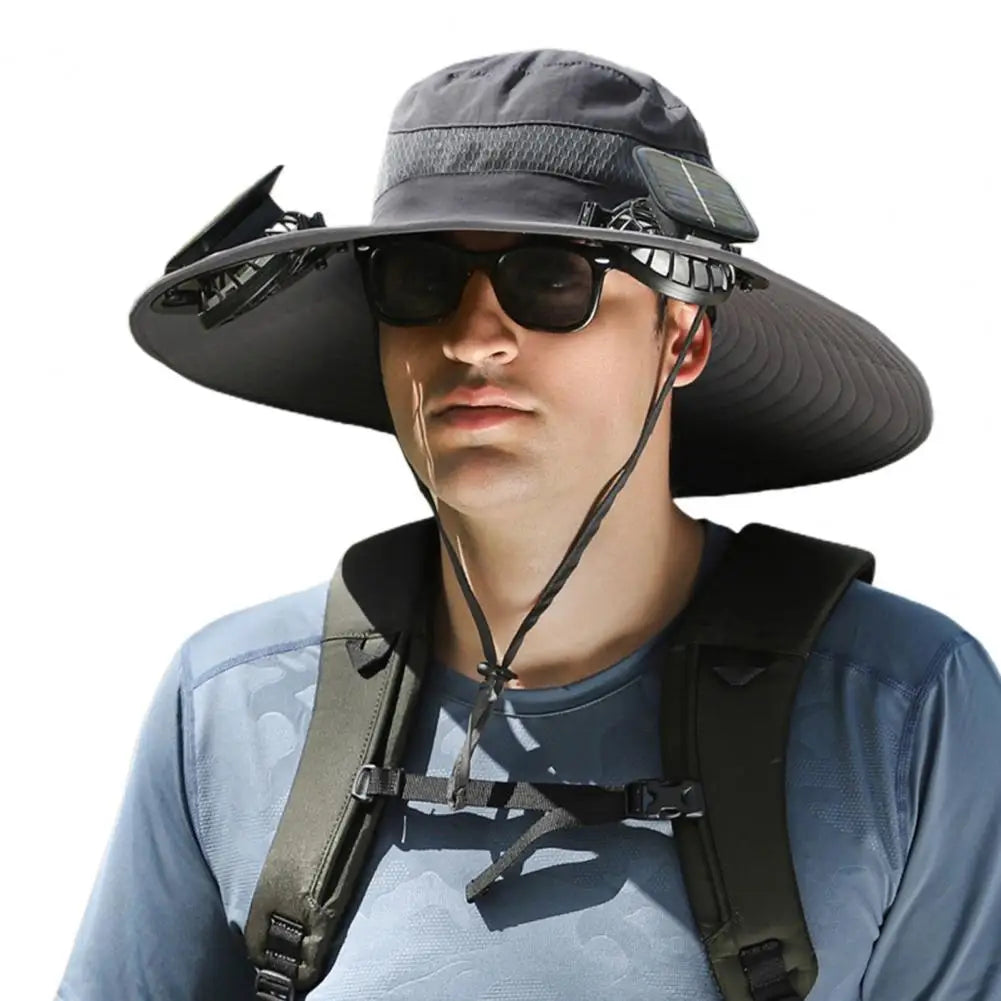 Men Fisherman Hat With 2 Solar Fan Windproof Strap USB Charging Anti UV Large Brim Fan Sun Hat Sunlight Fan Cap