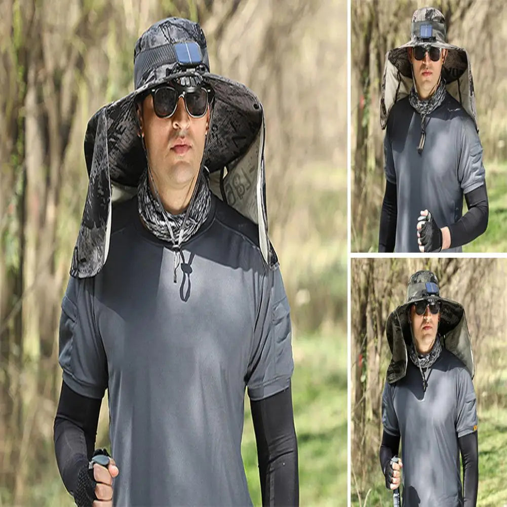 Solar Fan Hat With Neck Flap USB Rechargeable UV Dual Cooling Fan Fishing Hat Foldable Men Women Hiking Sun Hat