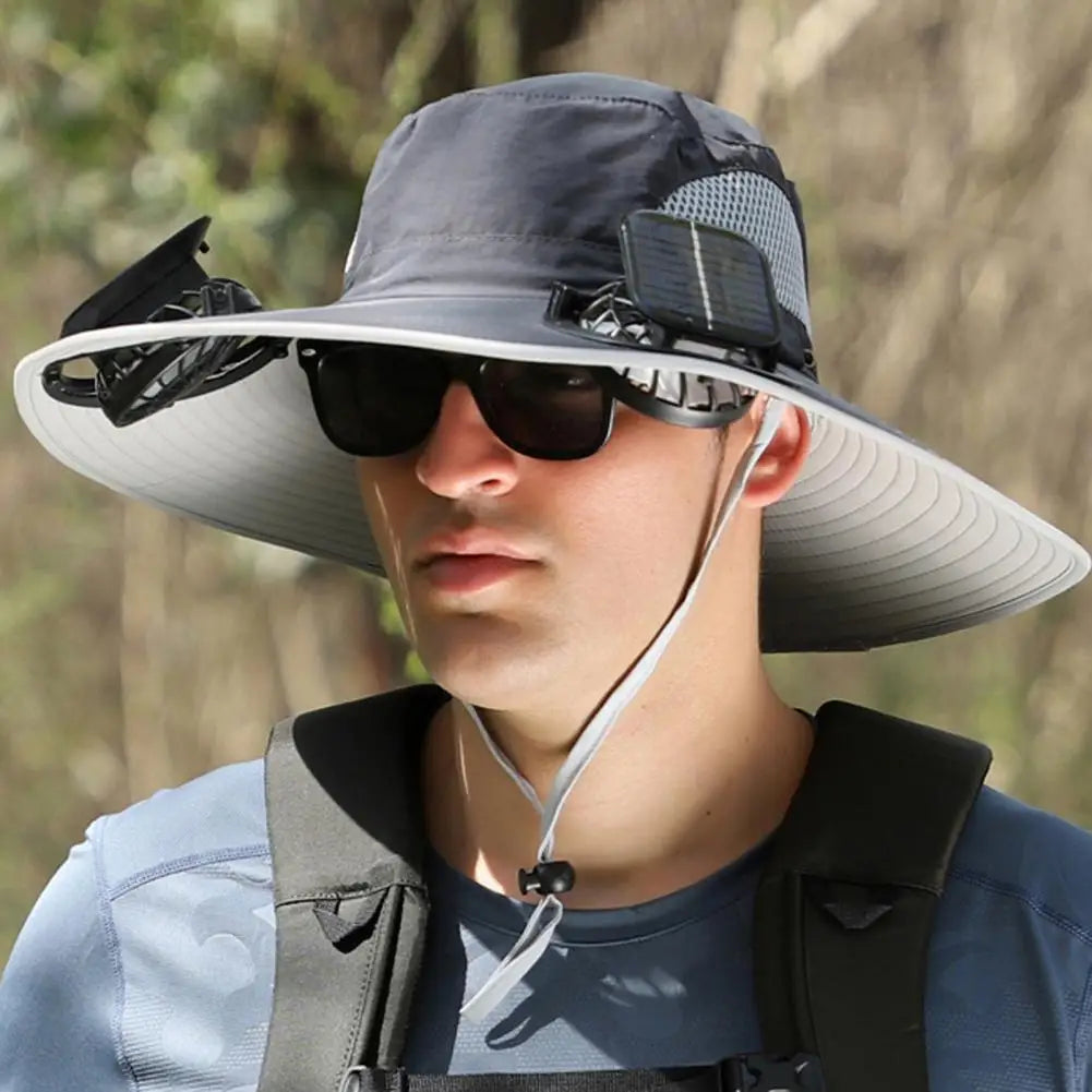 1 Set Outdoor Sun Hat With 2 Fan Large Brim Windproof Strap Solar Or USB Charging Anti UV Sun Outdoor Fishing Cap