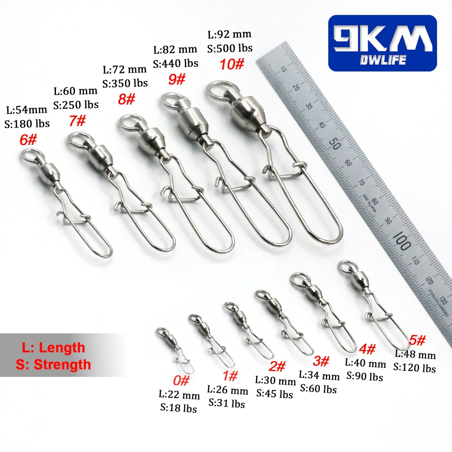 9KM 10Pcs Fishing Ball Bearing Swivels Duolock Snap Stainless Steel Fishing Connector Swivels with Crane Barrel Lure Fish Tackle