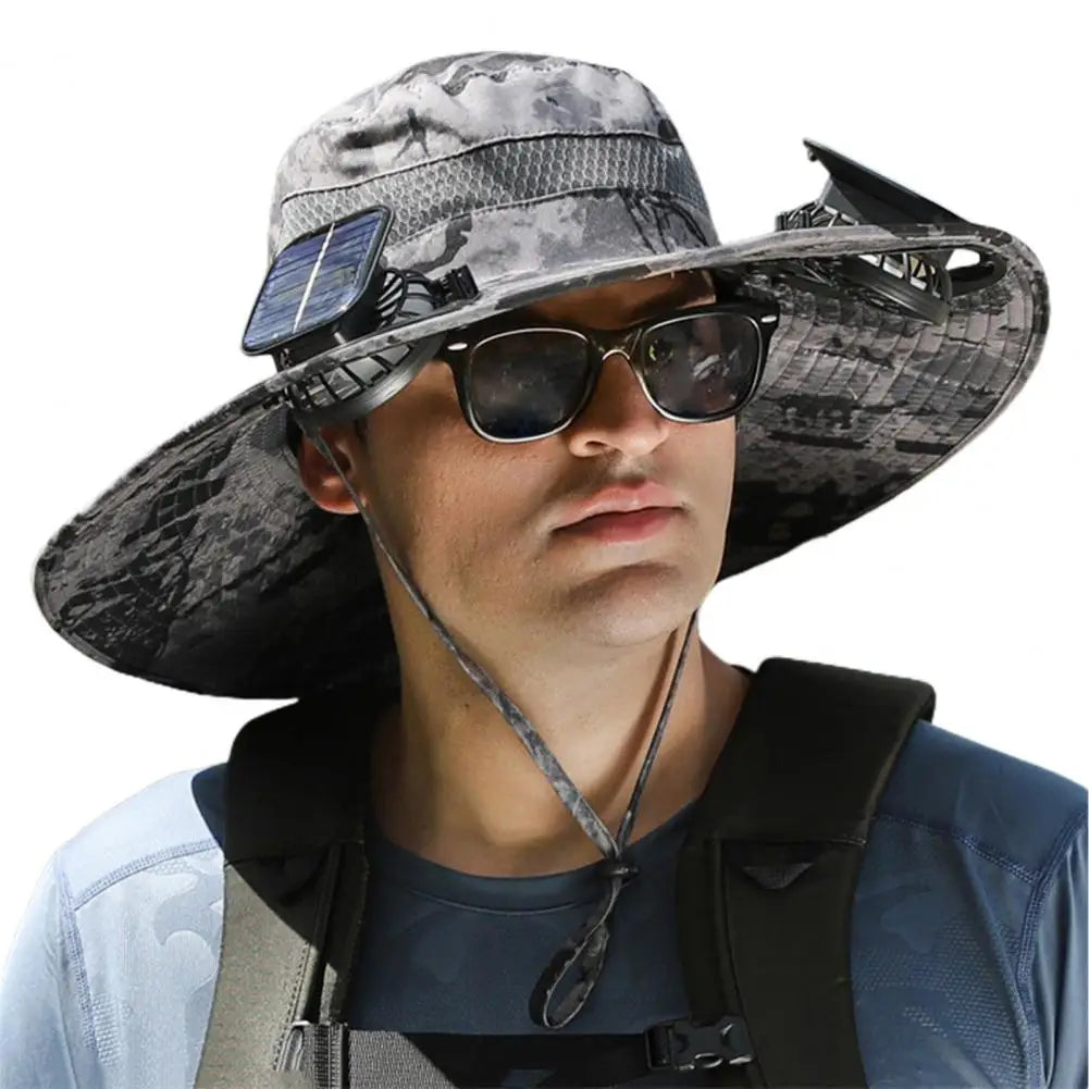 Men Fisherman Hat With 2 Solar Fan Windproof Strap USB Charging Anti UV Large Brim Fan Sun Hat Sunlight Fan Cap