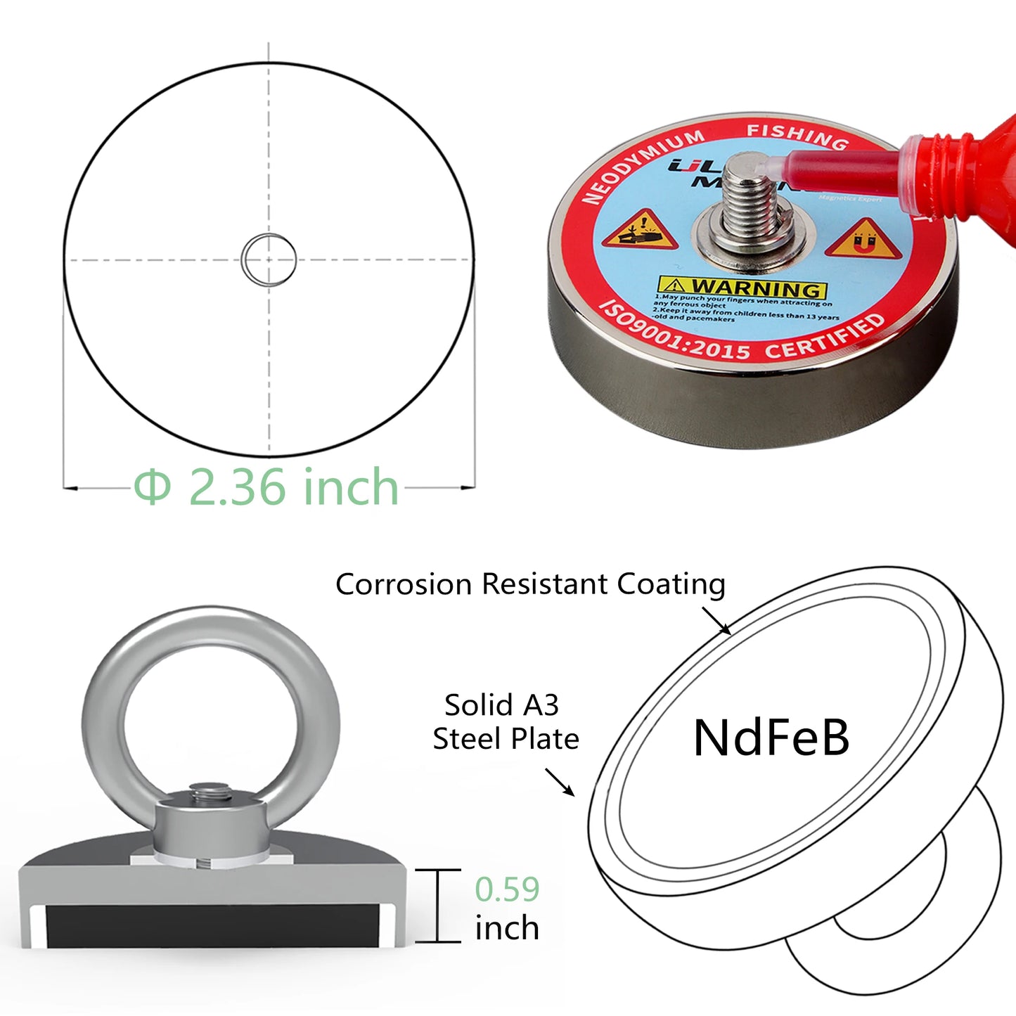 150KG One Side Strong Neodymium Magnet Search Magnets D60mm Salvage Fishing Set 10M Rope Lake River Funny Outdoor Sports